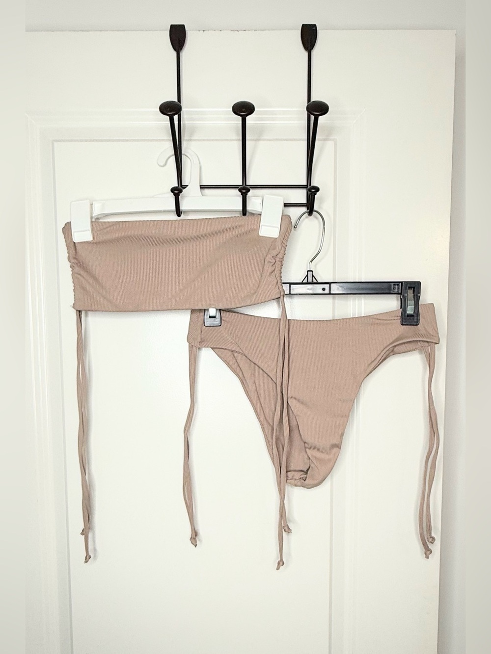 Ribbed Bandeau Bikini Set Women’s Nude Beige Side Tie 2 Piece Swimwear